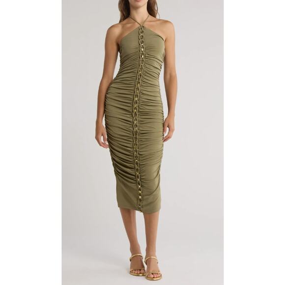 Cult Gaia Calian Ruched Halter Bodycon Dress Green Tea Gold Tone Hardware Large - Picture 1 of 8